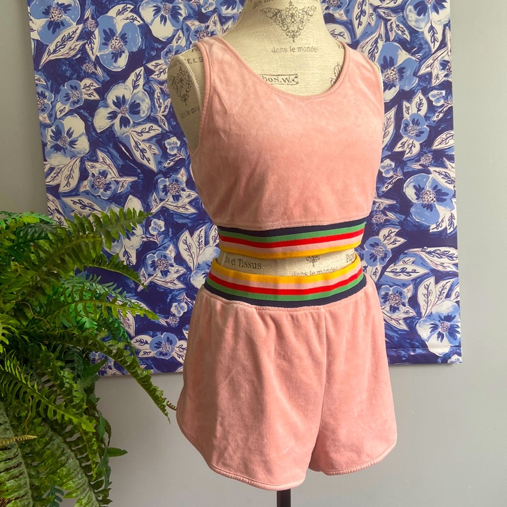 wild fable Pink Terry Cloth Cropped Tank and Shorts Set with Rainbow Waistband
